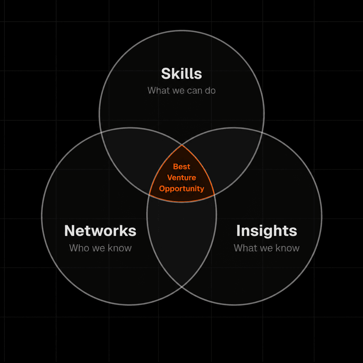 Skills, Networks and Insights overlap to reveal the best venture opportunity